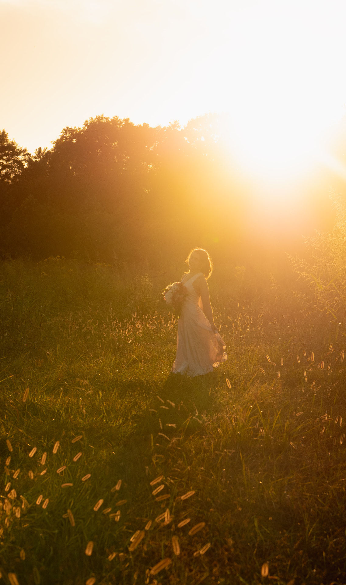 A girl standing in a golden field holding a bouquet, backlit by the sun